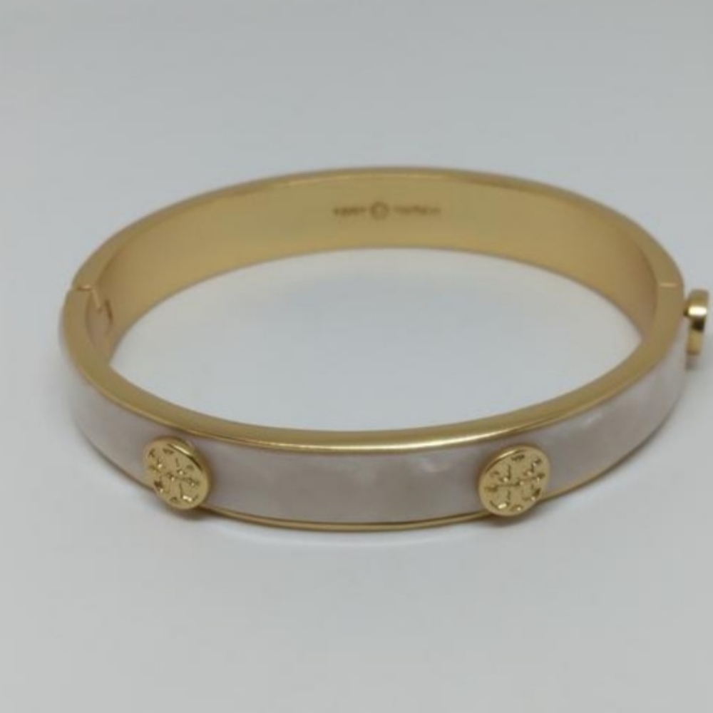 SOLD! Tory Burch Natural MOP & Matte Gold Bangle Style Bracelet - Picture 3 of 8
